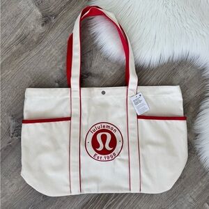 ❤️💚Lululemon Daily Multi-Pocket Canvas Tote Bag 20L Natural/Lululemon Red